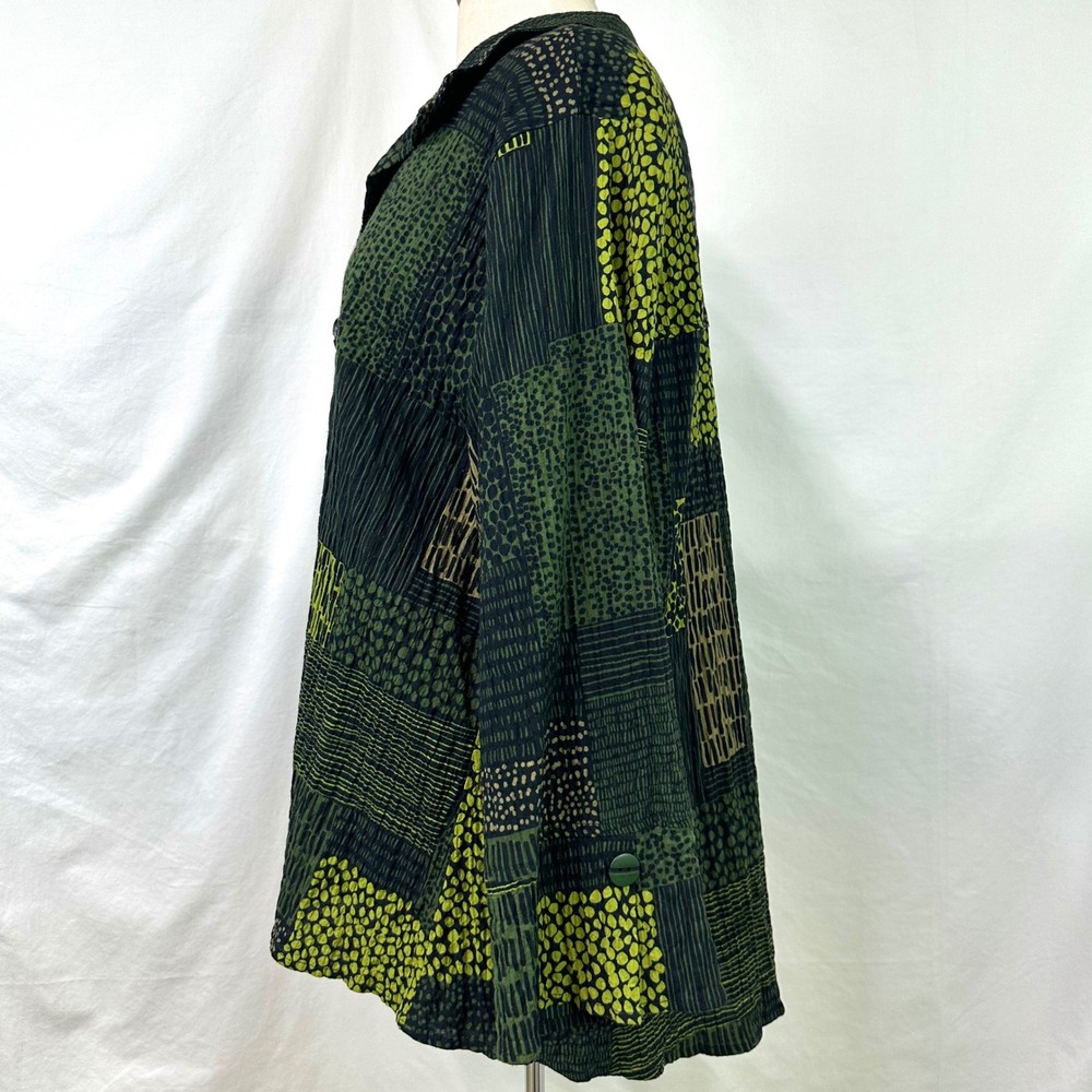 HABITAT Green Crinkle Patchwork Button Front Tunic Women's XL Lagenlook Artsy - Picture 3 of 7
